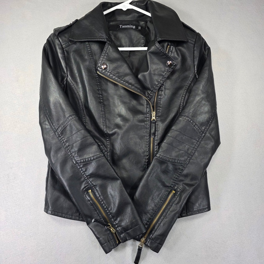 Tanming Womens Black Faux Leather Moto Biker Jacket XS Asymmetrical Zip Brass HW
